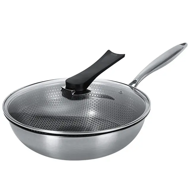 Stainless Steel Wok Non stick Pan Full Screen Honeycomb Design No Lampblack No Coating Frying Pan Kitchen Tools Kitchenware New 32Cm With Lid - Shop at LoveMi