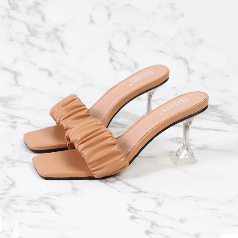 Women Wear Square toed Open toe Street High heeled Slippers Khaki - Shop at LoveMi