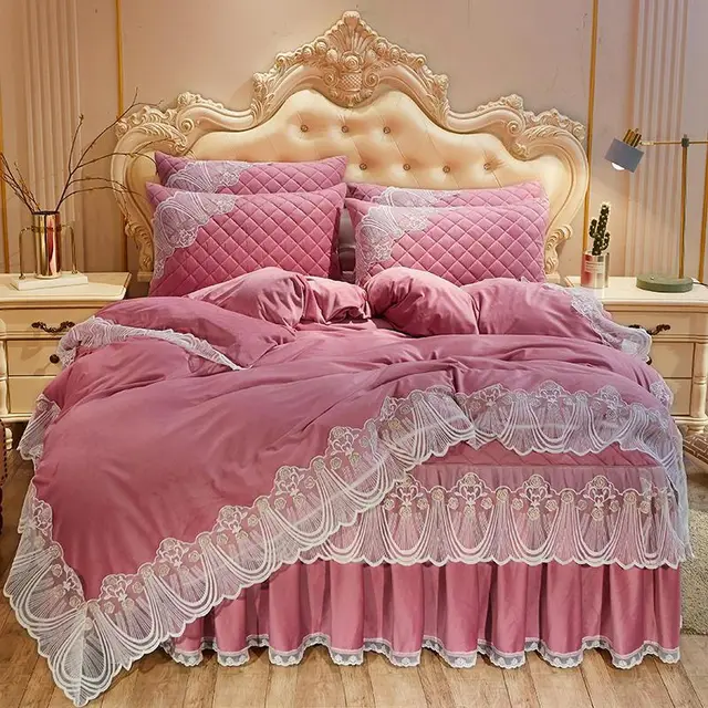 Crystal Velvet Quilted Bed Dress Four piece Warm Lace Embroidered Lace Bean Paste - Shop at LoveMi