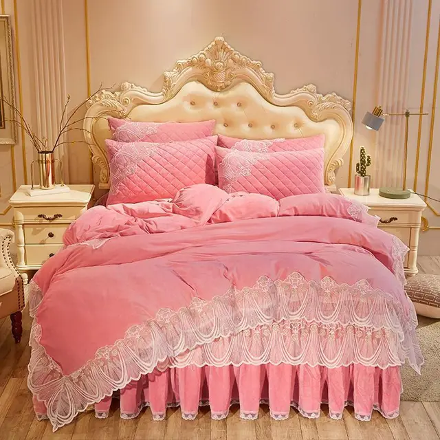 Crystal Velvet Quilted Bed Dress Four piece Warm Lace Embroidered Lace Pink - Shop at LoveMi