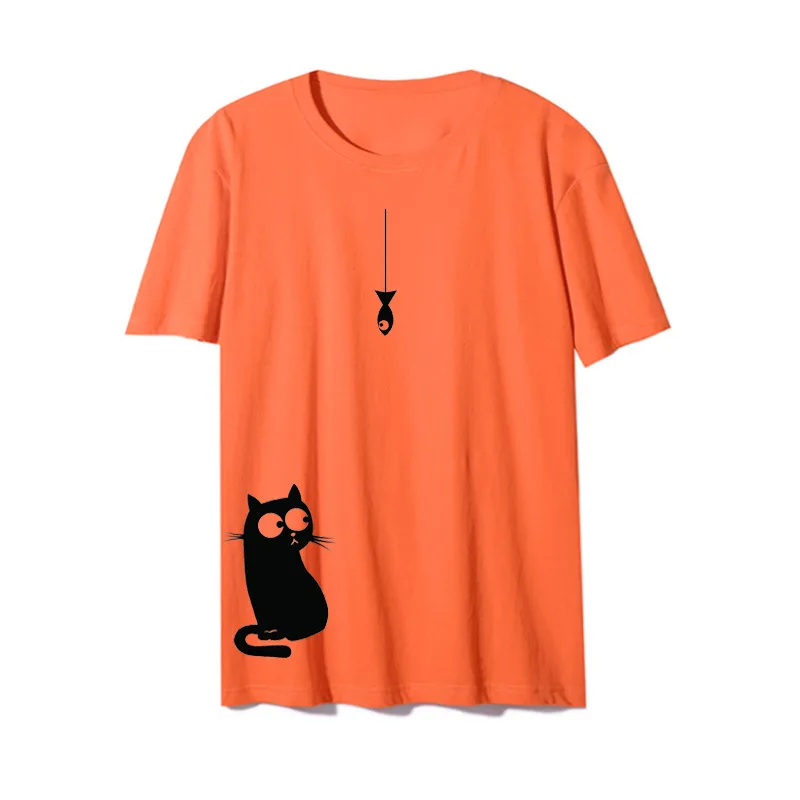 European And American Clothing Supply Cute Sideways Cat Round Neck T shirt Orange - Shop at LoveMi