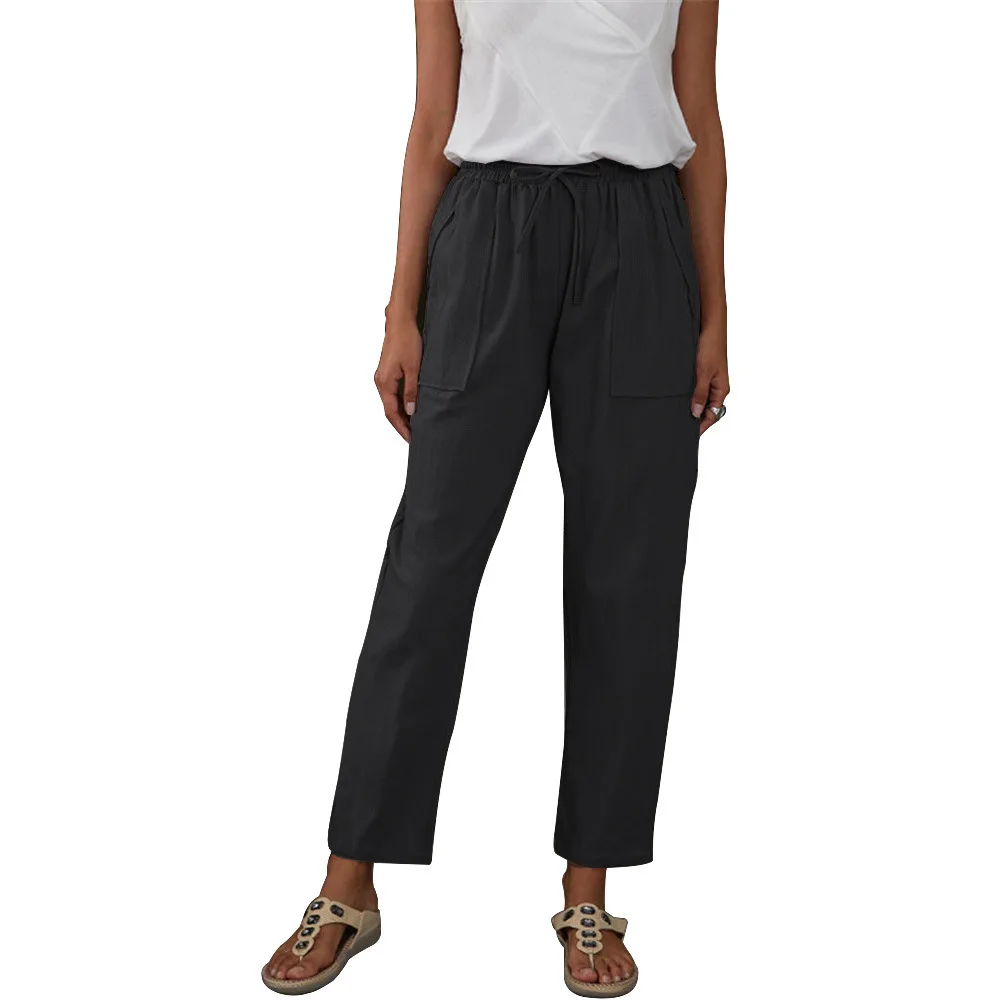 Solid Color Big Pockets Elastic Waist Cotton Linen Loose Ladies Black - Shop at LoveMi