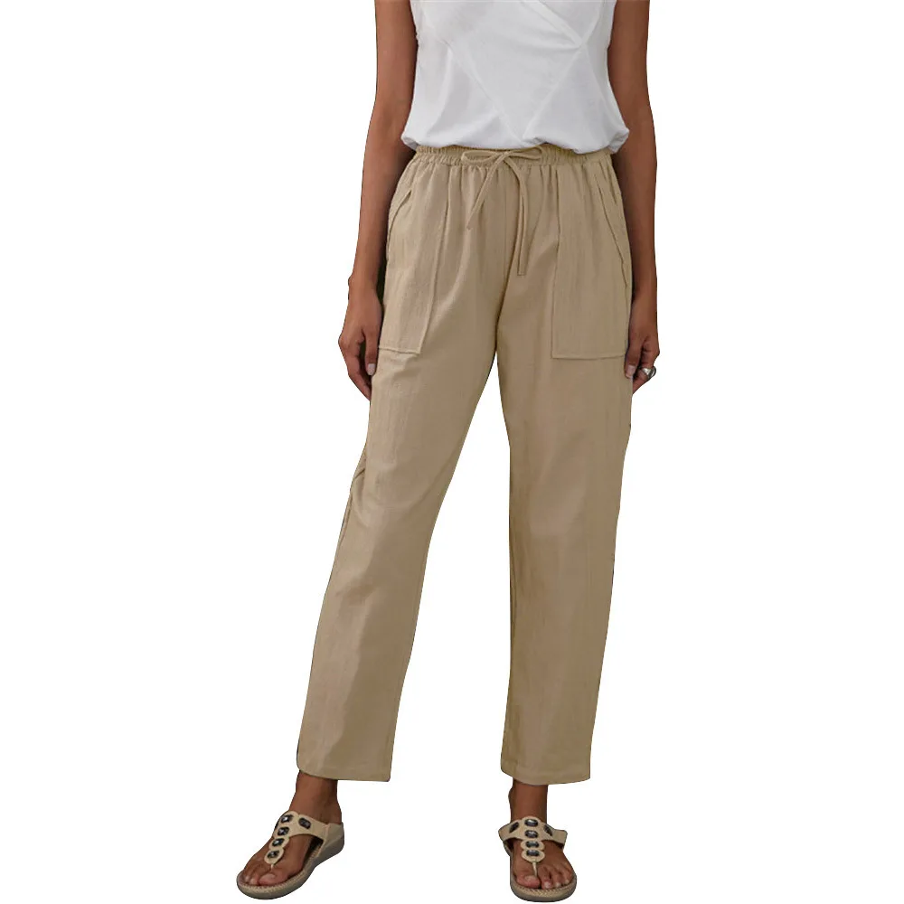 Solid Color Big Pockets Elastic Waist Cotton Linen Loose Ladies Khaki - Shop at LoveMi