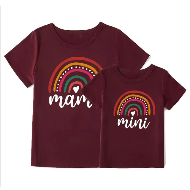 Rainbow Print T shirt Mother And Daughter Mom Cotton Short Sleeve Top Summer INS Family Wear Red - Shop at LoveMi