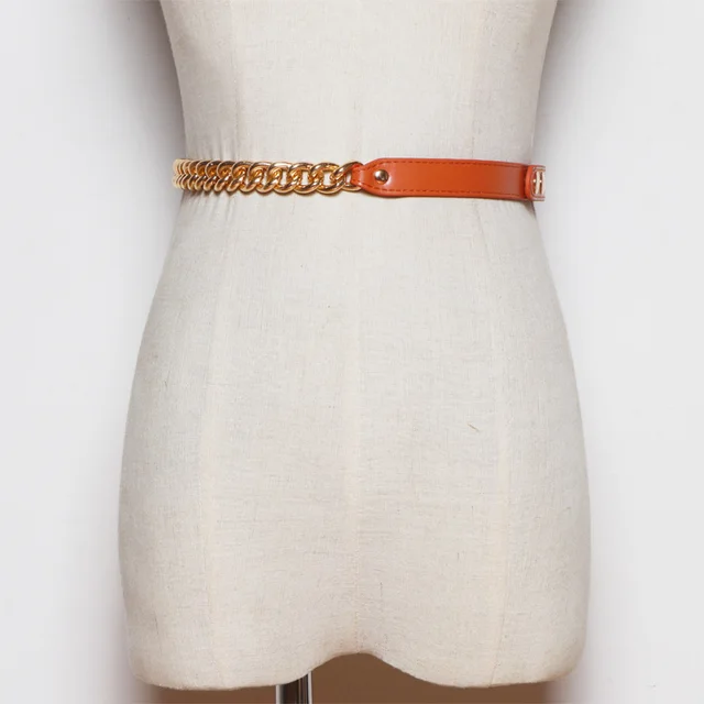 Metal Chain Stitching PU Leather Belt Female Wild Belt Decoration Dress Shirt Waist Chain Camel - Shop at LoveMi