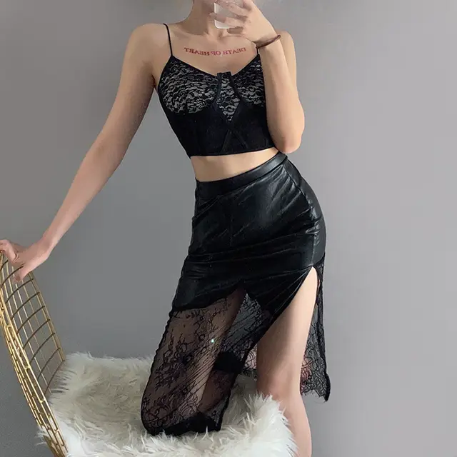 Spring And Summer New Style Women's Pure Color Sexy Irregular PU Lace Stitching Skirt Women Black - Shop at LoveMi