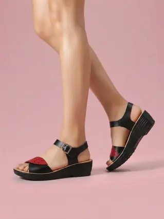 Wedge Sandals for Elderly Women, Adjustable Strap - Black