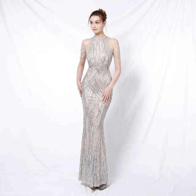 Backless Evening Dress Women Party Dress Long Wear Sequin Fabric Apricot Silver - Shop at LoveMi
