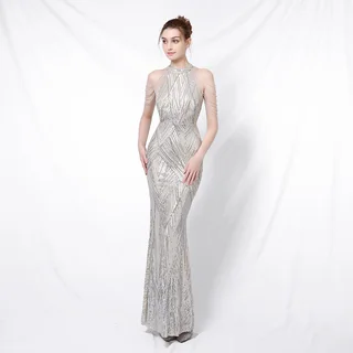 Backless Evening Dress Women Party Dress Long Wear Sequin Fabric - Apricot Silver
