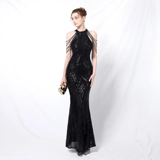 Backless Evening Dress Women Party Dress Long Wear Sequin Fabric Black - Shop at LoveMi