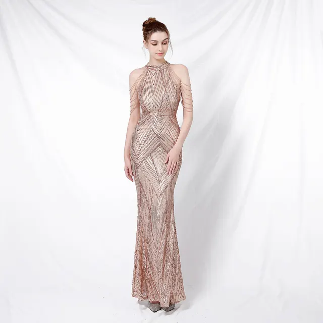 Backless Evening Dress Women Party Dress Long Wear Sequin Fabric Gold - Shop at LoveMi