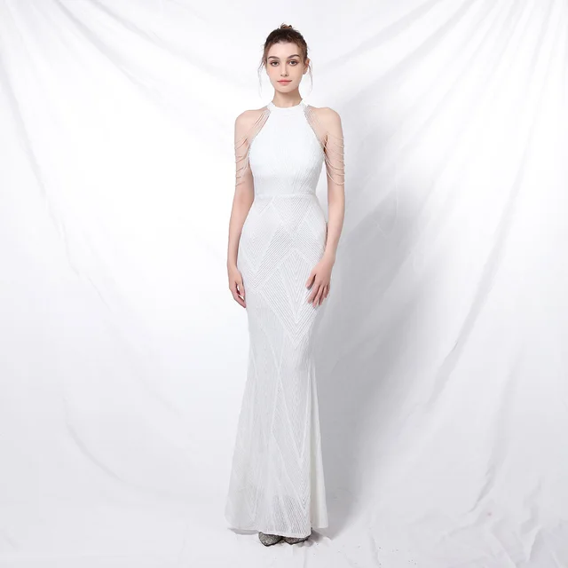 Backless Evening Dress Women Party Dress Long Wear Sequin Fabric White - Shop at LoveMi