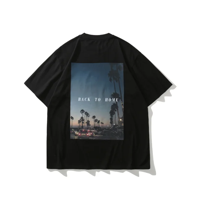 Street Hip Hop Coconut Tree Print Loose Short Sleeves Black - Shop at LoveMi