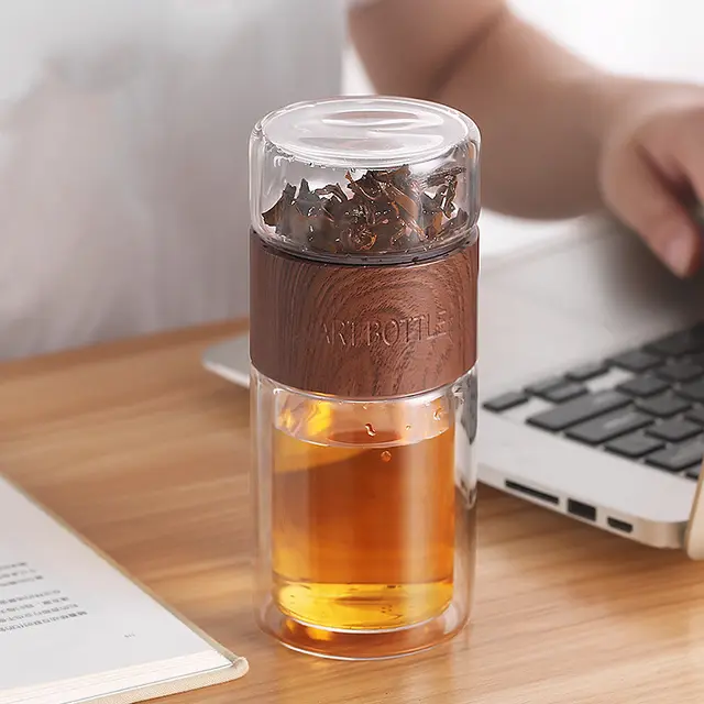 Double layer Tea And Water Separated Glass Cups, Tea Cups, Creative Gift Cups Wood Grain Color - Shop at LoveMi