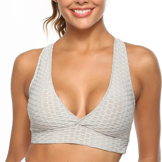 Fitness Womens Bra Strap Hanging Neck Sexy Bralette Elastic Stitching Grey - Shop at LoveMi