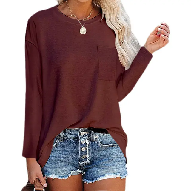 Women's Long sleeved Round Neck T shirt Top Wine Red - Shop at LoveMi