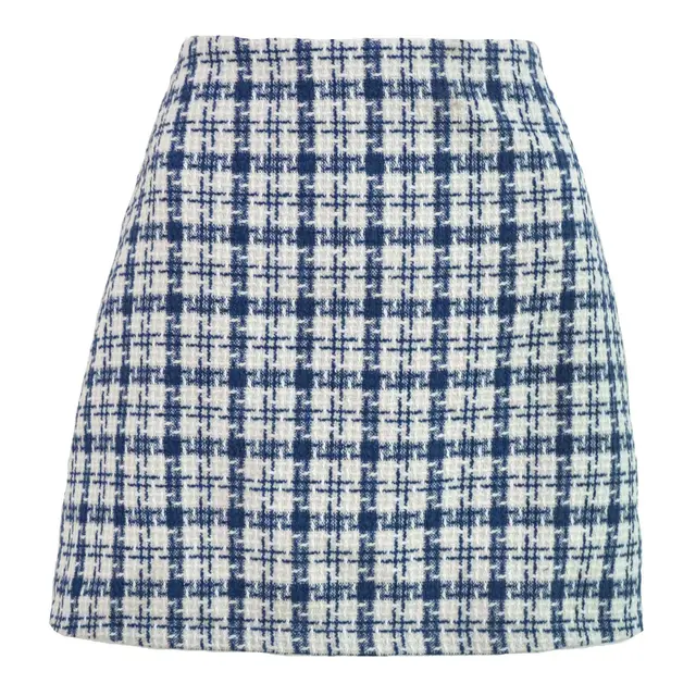 Xiaoxiangfeng Woolen High waisted Skirt Retro Well Grid A line Skirt Women Blue Plaid - Shop at LoveMi