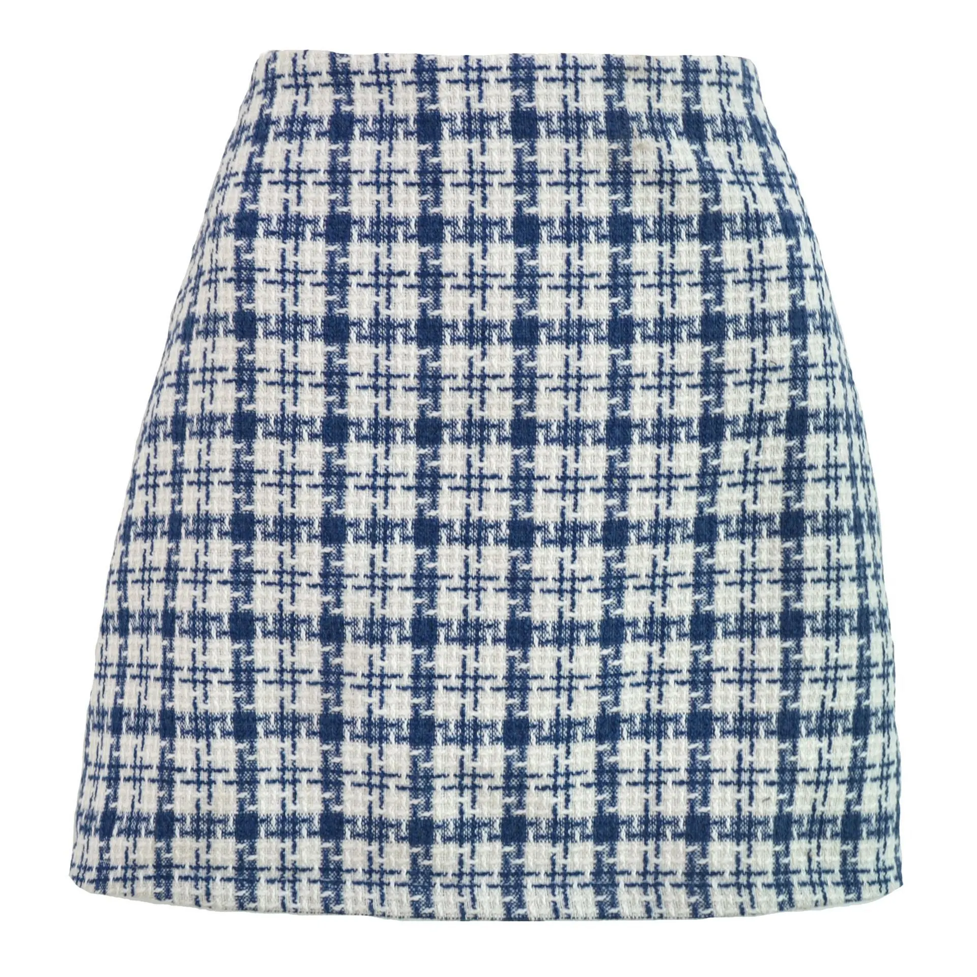 Xiaoxiangfeng Woolen High-waisted Skirt Retro Well Grid A-line Skirt Women - Blue Plaid