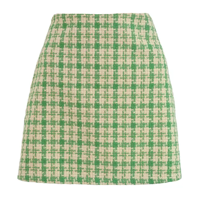 Xiaoxiangfeng Woolen High waisted Skirt Retro Well Grid A line Skirt Women Green Grid - Shop at LoveMi