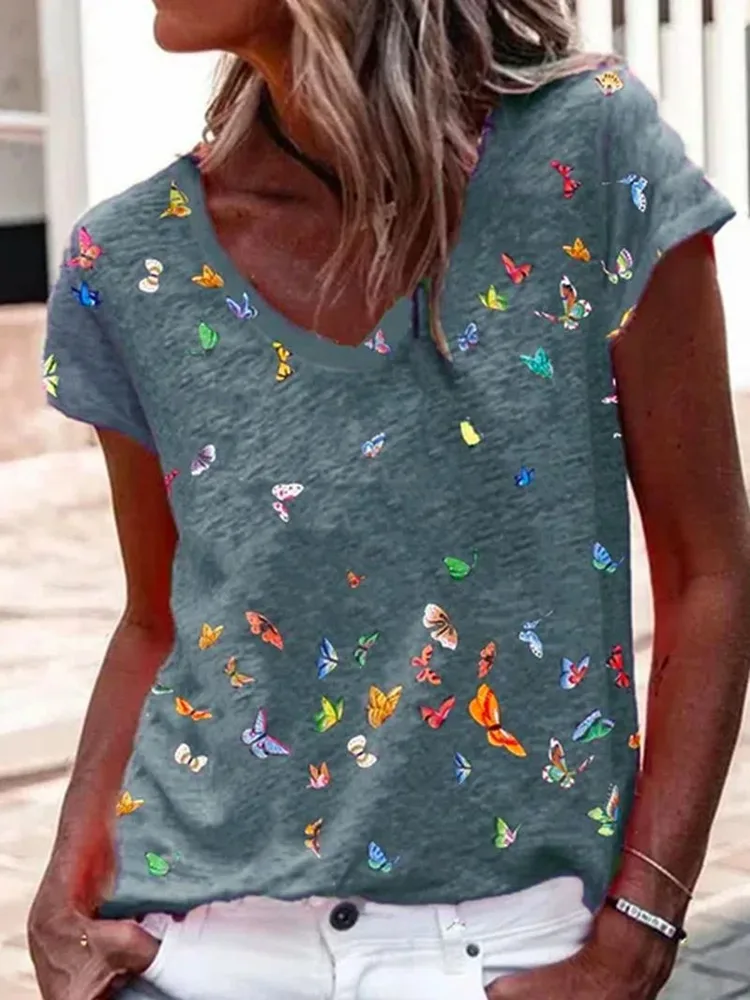 Ladies' Tops Printed V neck Short sleeved T shirt Women Blue - Shop at LoveMi