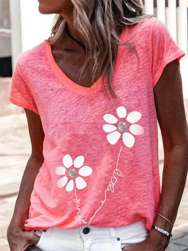 Ladies' Tops Printed V neck Short sleeved T shirt Women Red - Shop at LoveMi