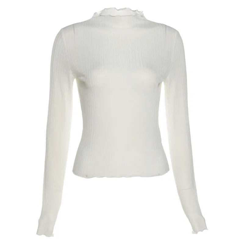 Slim-fit Long-sleeved T-shirt With Round Neck And Wooden Ears - White
