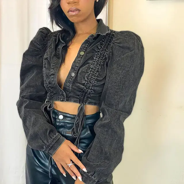 Short Sexy Cropped Denim Single breasted Jacket Grey - Shop at LoveMi