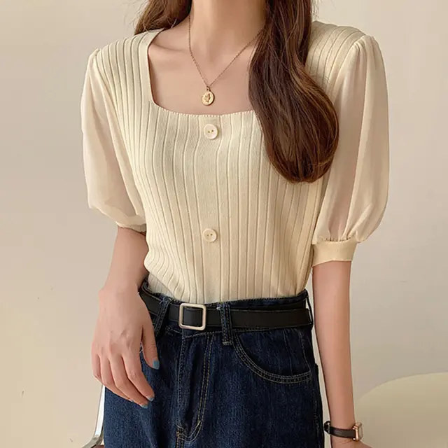 Sleeves Splicing Square Neck T Shirt Tops Fashion Short Sleeved Knitted Bottoming Shirt Apricot - Shop at LoveMi