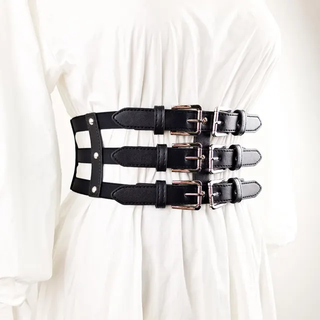 Women's Super Wide Belt Hollow Rivet Decorated Elastic Waist Black - Shop at LoveMi
