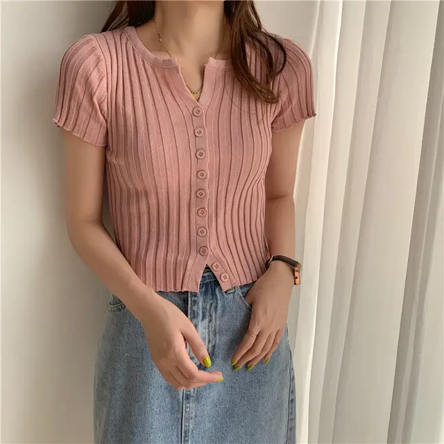 Summer New Style High Waist Cropped Short Slim Top Short Sleeve Knitted Cardigan Pink - Shop at LoveMi