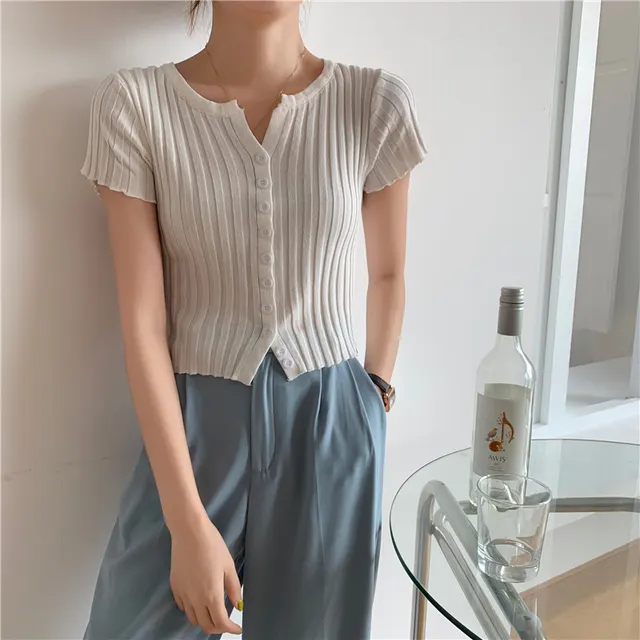 Summer New Style High Waist Cropped Short Slim Top Short Sleeve Knitted Cardigan White - Shop at LoveMi