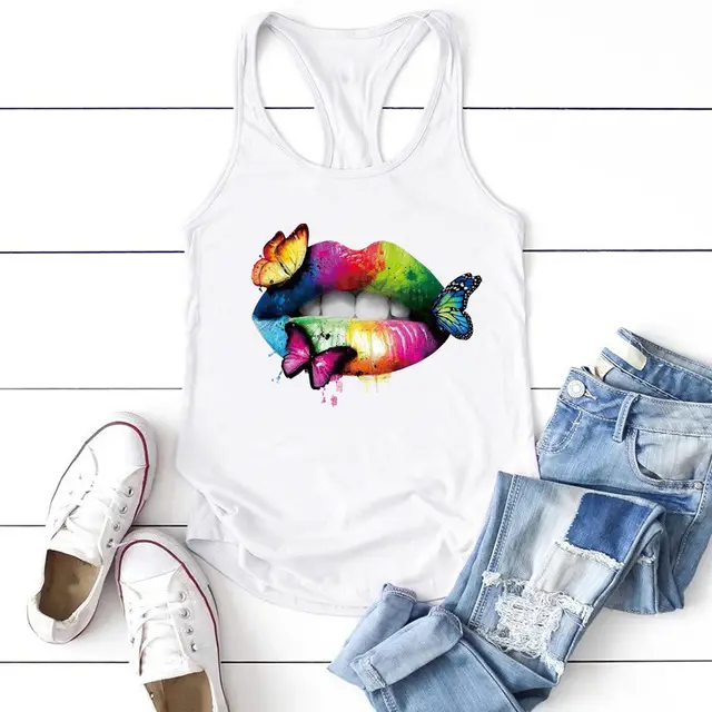 Multicolored Lips Butterflies Printed Tank Top Women White - Shop at LoveMi
