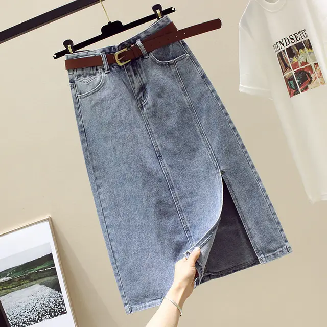 Temperament Split Mid length High waisted A line Thin Hip length Skirt Light Blue - Shop at LoveMi