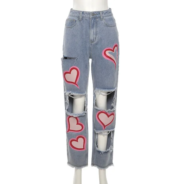 Fashionable Hollow Printed High Waist Straight Casual Jeans Pink - Shop at LoveMi