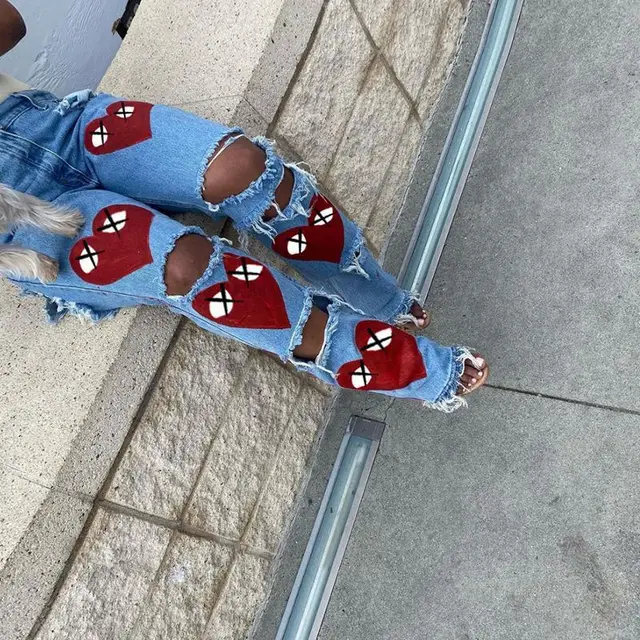 Fashionable Hollow Printed High Waist Straight Casual Jeans Red - Shop at LoveMi