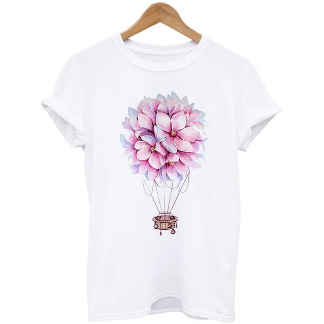 New Purple Hot Air Balloon And Flower Print Ladies T Shirt 9.Style - Shop at LoveMi