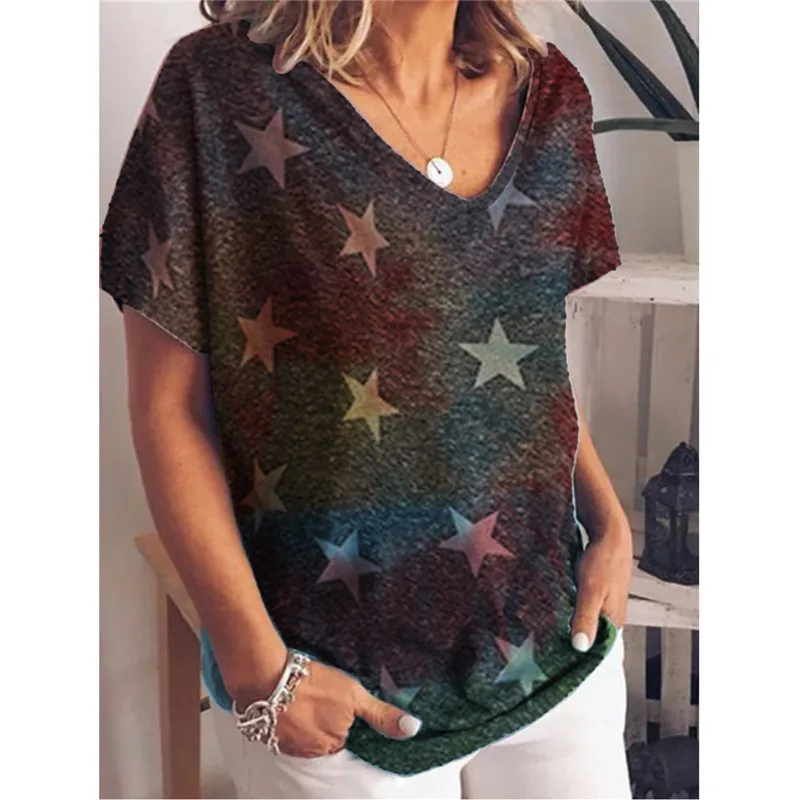 New Gradient Color Printing Short Sleeved Large Size Loose Women's T Shirt Tops Women 2.Style - Shop at LoveMi