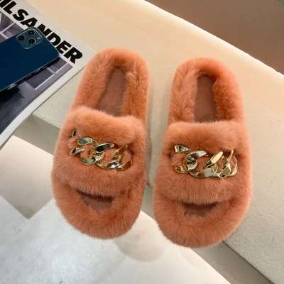 Furry Flat bottomed Slippers On The Inside And Outside Orange - Shop at LoveMi