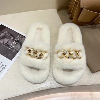 Furry Flat bottomed Slippers On The Inside And Outside White - Shop at LoveMi