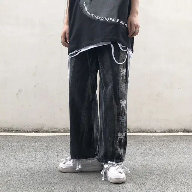 Men's Loose Wash Straight Wide Leg Pants Jeans Black - Shop at LoveMi