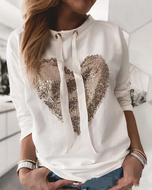 Women's Sequin Patch Casual Long Sleeved Sweater White - Shop at LoveMi