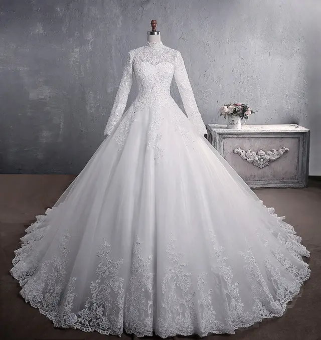 Lace Wedding Dress Bridal Stand up Collar Long sleeved Large Tail Large Size All White - Shop at LoveMi