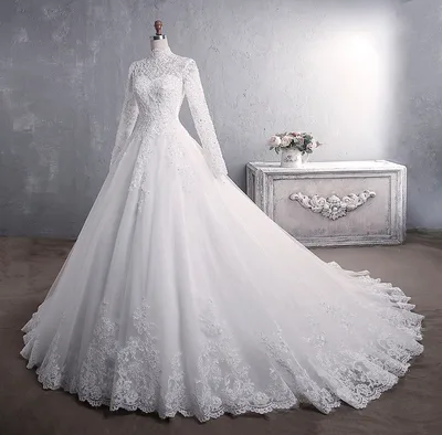 Lace Wedding Dress Bridal Stand up Collar Long sleeved Large Tail Large Size Tan - Shop at LoveMi