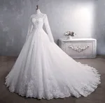 Lace Wedding Dress Bridal Stand-up Collar Long-sleeved Large Tail Large Size - Tan