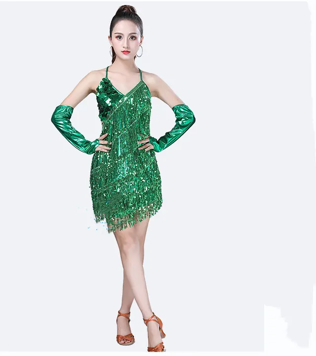 New Fringed Skirt Latin Dance Skirt Sequin Dance Dress Stage Performance Green - Shop at LoveMi
