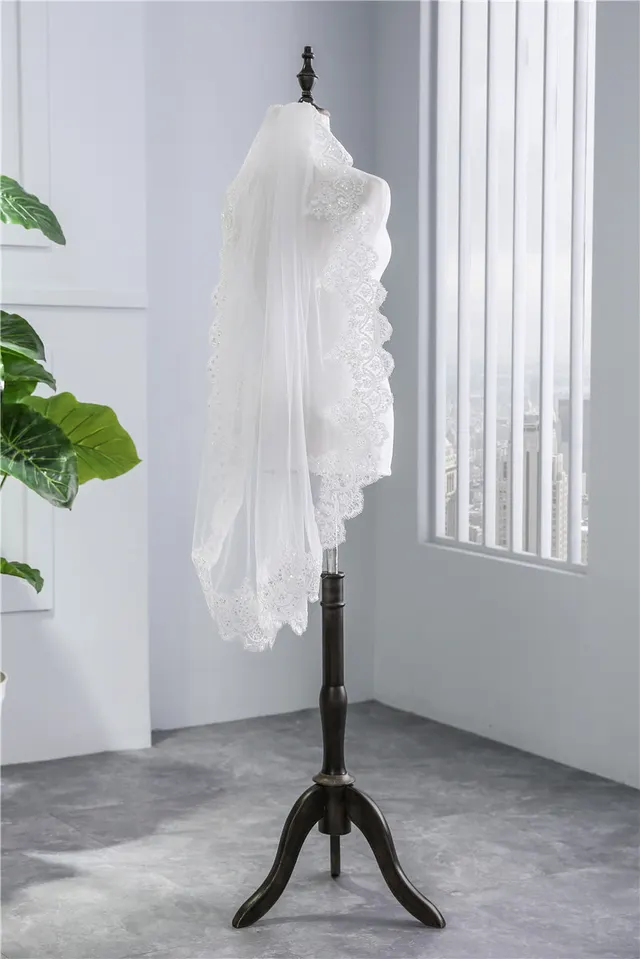 Short Veil Soft Mesh Sequined Lace White Ivory White - Shop at LoveMi