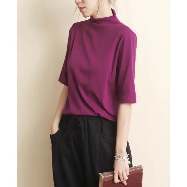New Style Middle Sleeved Cotton T Shirt Literary Loose High Neck Bottoming Shirt Purple - Shop at LoveMi