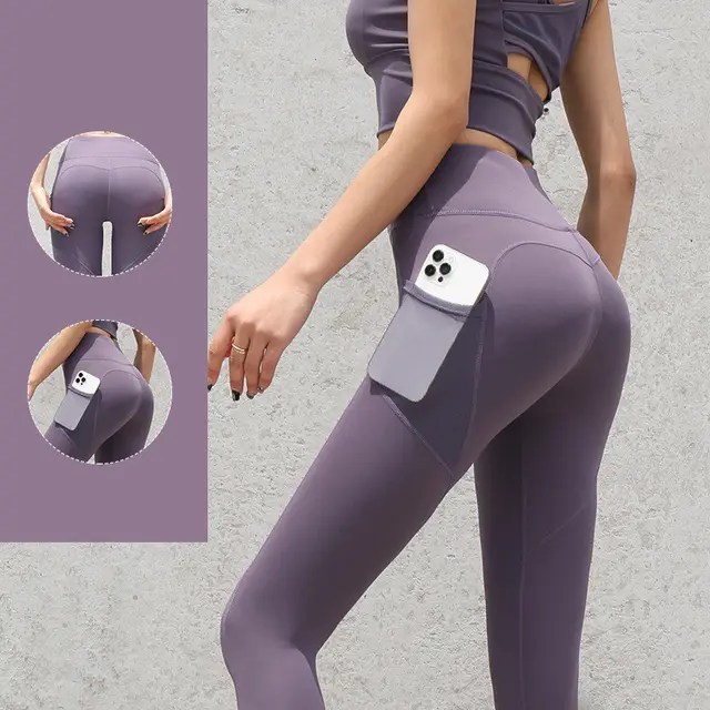Peach Hip Pants Gym Suit High Waist Stretch Bottoming Running Sports Suit Yoga Pants Side Pocket Purple - Shop at LoveMi