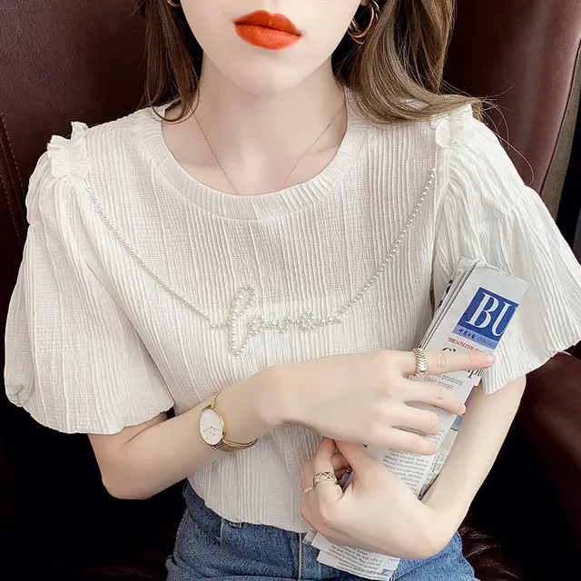 Top Puff Sleeve Solid Color Short sleeved Shirt White - Shop at LoveMi