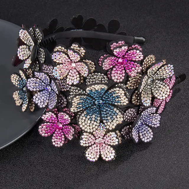 Flower Wide Edge Rhinestone Big Headband High grade Diamond studded Color Non slip Hair Gradient Color - Shop at LoveMi
